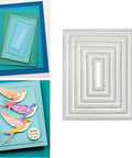 Six Piece Rectangle Frame Metal Die Cuts Set With Scalloped Stitch Nested Tags for DIY scrapbooking and card making.