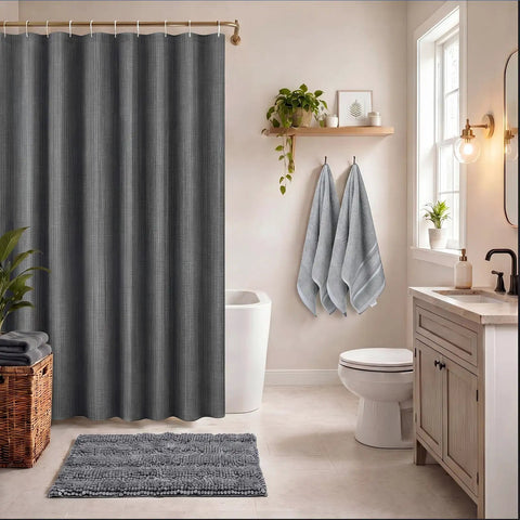 Modern bathroom with Totally Must-Have 4 Piece Bathroom Accessories Set With Waffle Shower Curtain And Chenille Bath Mat, gray decor.