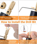 Installation guide for Must Have Resin Jewelry Drill Kit With Electric Hand Drill And Pin Vise, showing drill bit insertion steps.