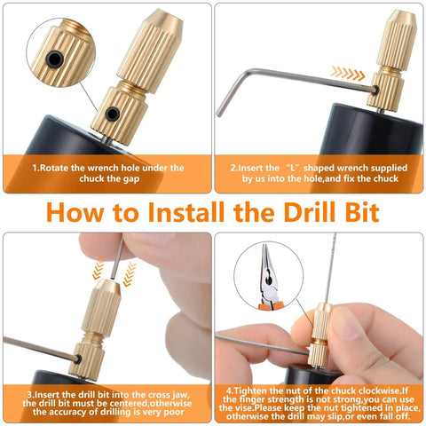 Installation guide for Must Have Resin Jewelry Drill Kit With Electric Hand Drill And Pin Vise, showing drill bit insertion steps.