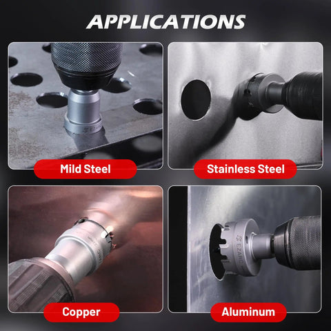 Heavy Duty Tungsten Carbide Hole Saw Kit With Pilot Bits And Hex Key, Seven Eighths To Two Inches, for cutting metal applications