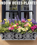 2 Pack 24 Inch Window Boxes Planter For Outdoor Plants With Adjustable Brackets installed on window, filled with flowers