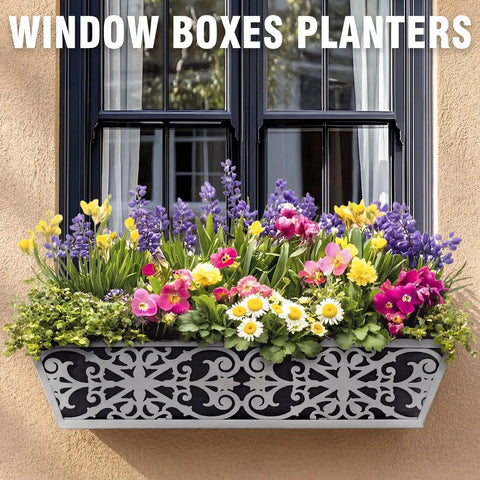 2 Pack 24 Inch Window Boxes Planter For Outdoor Plants With Adjustable Brackets installed on window, filled with flowers