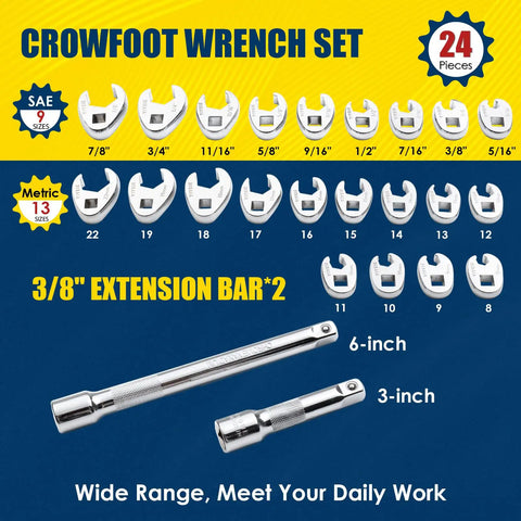 Three Eighths Inch Drive Crowfoot Wrench Set with 24 Pcs Flare Nut Wrenches in SAE and Metric Sizes, Includes Two Extension Bars