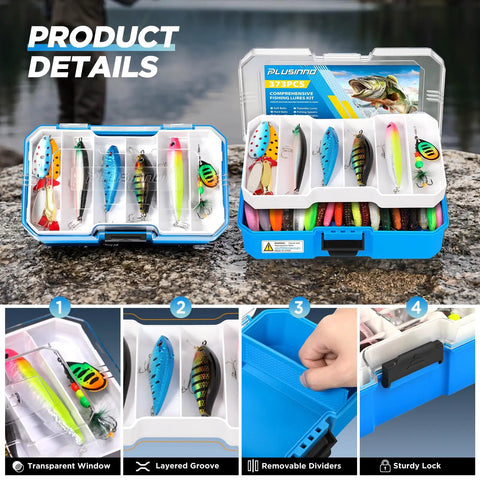 Telescopic Fishing Rod And Reel Combo With Tackle Box And Collapsible Rod And Lures Box, 373Piece tackle set with lures displayed.