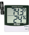 Close-up of Big Digit Remote Probe Hygro Thermometer with dual display showing 74.3°F and 24% RH readings for home use