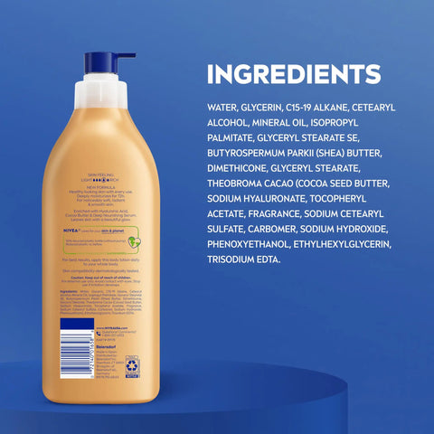 Game Changer Cocoa Butter Body Lotion For Crispy Dry Skin With Hyaluronic Acid And 72 Hour Deep Hydration To Melt Away Flakiness Reveal A Natural Glow And Leave Your Complexion Feeling Like Velvet All Day Long In A 16 9 Oz Tube, showing ingredients on back of the tube.