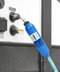 Two Pack RV Inline Water Filter System with flexible hose connected to RV, blue housing, for campers and marine use.