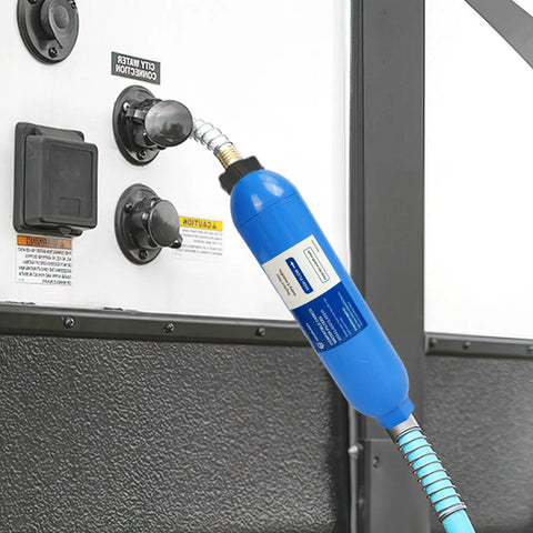 Two Pack RV Inline Water Filter System with flexible hose connected to RV, blue housing, for campers and marine use.