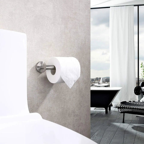 Brushed Nickel Toilet Paper Holder Wall Mount In SUS304 Stainless Steel installed beside toilet with large roll visible
