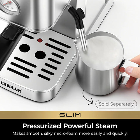 Slim Espresso Machine With Milk Frother, 20 Bar Italian Pump, fast heat, barista-grade crema, stainless steel, side view