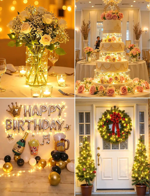 14 Pack Battery Operated LED Fairy Lights On 7ft Silver Wire Waterproof Twinkle String Lights With 20 LEDs Firefly Moon Star Glow For Mason Jars DIY Christmas Wedding Party Bedroom Decor, illuminating wedding and birthday decorations with floral arrangements and festive wreath on door.