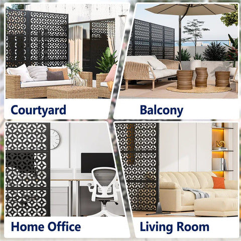 Metal Privacy Screen Outdoor 72 Inches Tall Freestanding Privacy Fence With Sturdy Stands Cross Shaped Decorative Panels in different spaces