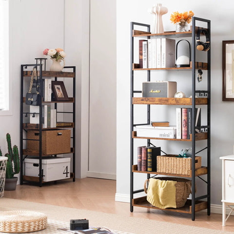 Adjustable Six Tier Open Bookcase With Mid Century Rustic Farmhouse Charm And Industrial Wood And Black Metal Build in living room