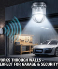 Detached Motion Sensor Light Bulb Kit With Split Design 60W Equivalent A19 LED 6000K Daylight White Wall Mounted Sensing Unit Reaches 26 Feet For No Blind Spots Motion Activated For Garage Basement Porch 1 Pack, garage wall light and sensor