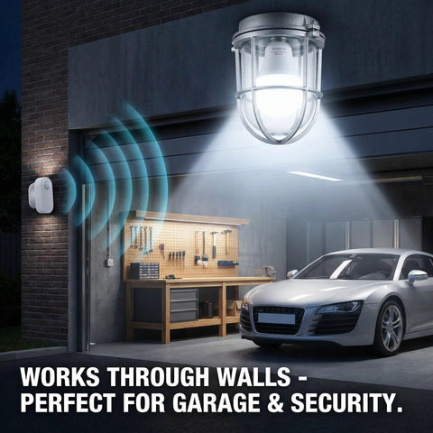 Detached Motion Sensor Light Bulb Kit With Split Design 60W Equivalent A19 LED 6000K Daylight White Wall Mounted Sensing Unit Reaches 26 Feet For No Blind Spots Motion Activated For Garage Basement Porch 1 Pack, garage wall light and sensor