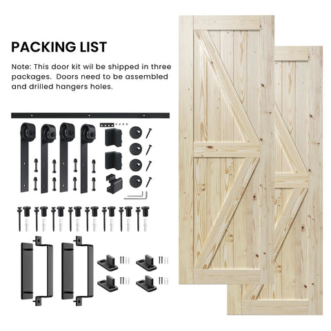 Unfinished 30x84 Inch Double Barn Door With 10ft Sliding Hardware Kit Included, Solid Spruce Wood, Easy Assembly, Rustic Style