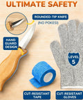 Kid Safe Wood Carving Starter Kit With Round Tip Safety Knives, Cut Resistant Gloves, Tape, And Storage Bag, Beginner Friendly Project Set