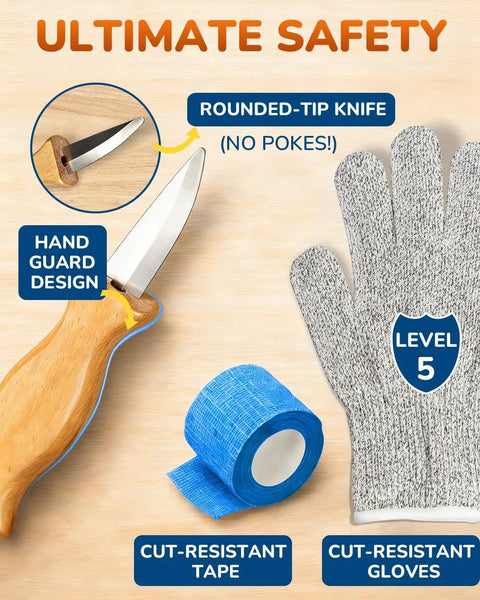 Kid Safe Wood Carving Starter Kit With Round Tip Safety Knives, Cut Resistant Gloves, Tape, And Storage Bag, Beginner Friendly Project Set