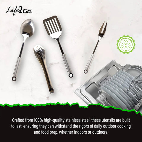 All-In-One Outdoor Kitchen Kit 12-Piece Stainless Steel Camping Utensils Set with spatula, spoon, and fork on display.