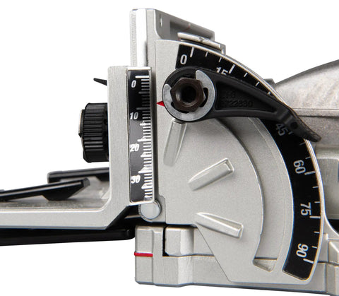 Close-up of the adjustment scale and dial on the Killer 18V Cordless Biscuit Jointer for precise depth settings.