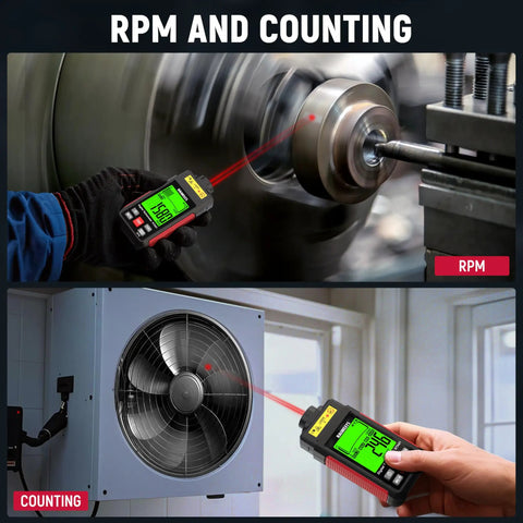 Non Contact RPM Tachometer With Reflection Tape, 10-99999 RPM Laser Digital Tachometer With Large LCD, Backlight, Data Hold, And Max Min Avg Readouts For Engines, Machines, DIY Projects. Measures spinning lathe and fan RPM.