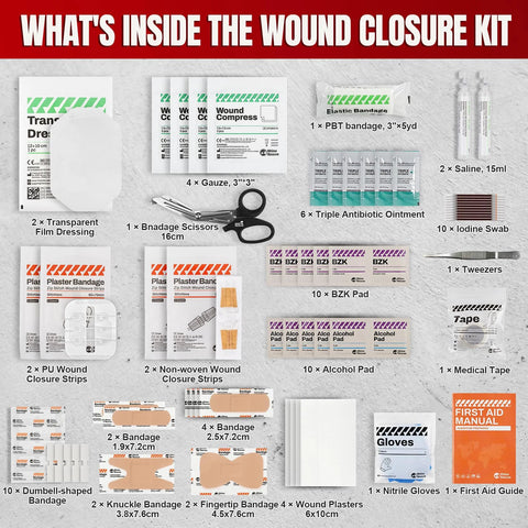 Rhino Rescue Wound Closure Kit contents: bandages, gauze, ointment, alcohol pads, swabs, tape, scissors, tweezers.