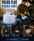 Ultra Compact Collapsible Water Container With Spigot For Camping And Travel 5L shown folding flat for storage in backpack