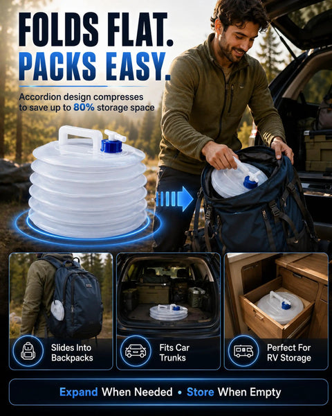 Ultra Compact Collapsible Water Container With Spigot For Camping And Travel 5L shown folding flat for storage in backpack