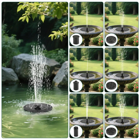 1W Solar Bird Bath Fountain Pump with 6 In 1 Nozzles for Outdoor Garden Pond and Pool, solar powered water pump in operation