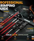 Solar Connector Crimping Tool Kit For 14-10 AWG Cables with guide, crimper, connectors, instructions for wiring setup.