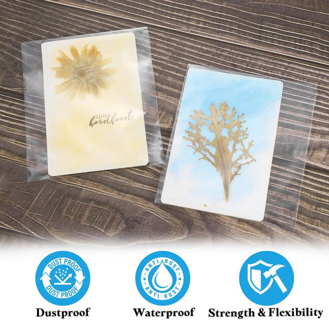 Clear Heat Shrink Wrap Bags 50 Pack, 24x16 Inch POF Pouch with flower cards showcasing durability, clarity, and sealing.