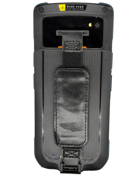 Back view of Boss Level 6 Inch Android 12 Handheld Barcode Scanner Rugged Portable PC showing strap and camera.