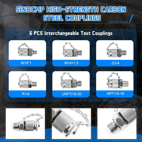 SINOCMP Hydraulic Pressure Test Kit Featuring Three Gauges And Six Couplings With Long Hoses For Excavator Equipment, showing six test couplings in a grid layout.
