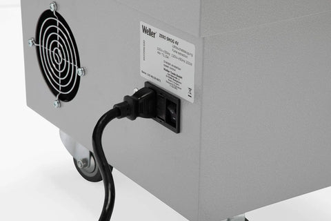 Back view of ZeroSmog 4V Fume Extraction Unit Kit With Funnel Nozzle For Wider Coverage On The Bench, showing power plug connection.
