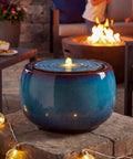 9 Inch Outdoor Ceramic Water Fountain With LED Light Round Bubbler Water Feature Eastern Style Waterfall Blue Garden Decor