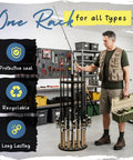 Man using 16 Rod Round Fishing Rod Holder For Garage With 360 Degree Access Keeps Up To 16 Rods Reels And Gear In Camouflage Finish