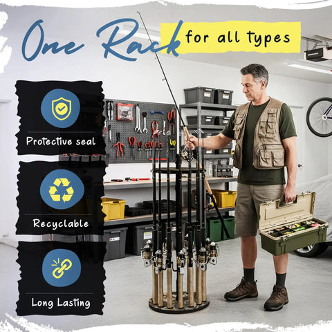 Man using 16 Rod Round Fishing Rod Holder For Garage With 360 Degree Access Keeps Up To 16 Rods Reels And Gear In Camouflage Finish