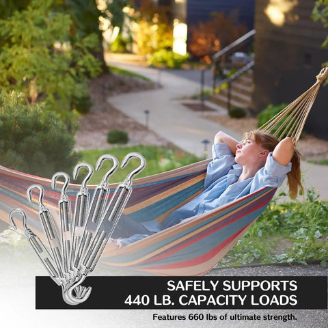 Beefy Stainless Steel Turnbuckle Tensioner Set For Cable Tent Sun Shade And Garden Decor shown with hammock