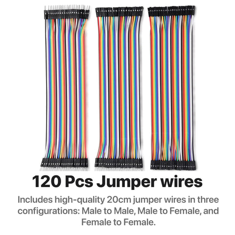 Colorful 120 pcs jumper wires from All In One Electronics Prototyping Starter Kit With 830 Point Breadboard And Type-C Power Supply