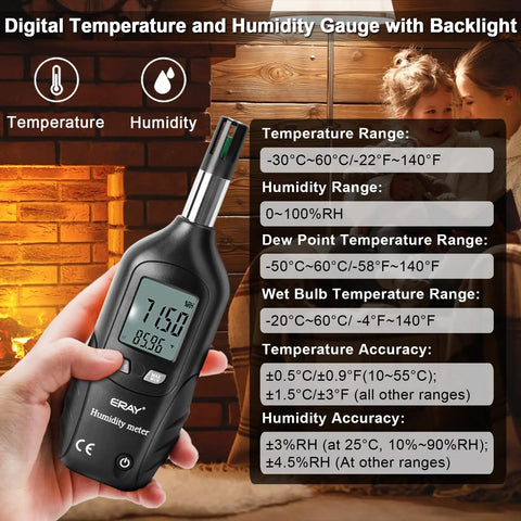 Two In One Digital Psychrometer Thermometer Hygrometer With Backlight For Humidity Temperature Wet Bulb And Dew Point Monitoring Real Time Air Moisture Reader handheld digital meter in hand