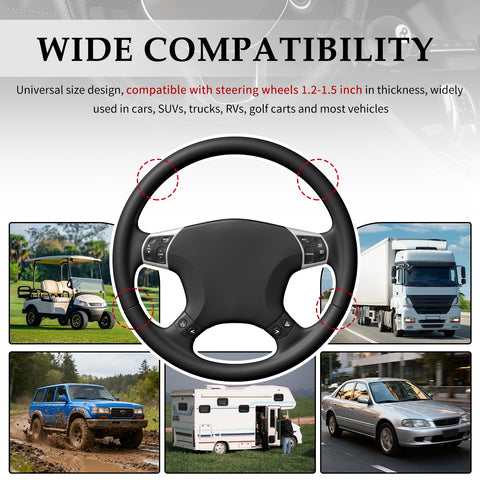 Steering wheel with Black 8 Ball Steering Wheel Knob Spinner, compatible with cars, SUVs, trucks, RVs, and golf carts.