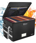 Fireproof File Box With Lock And Zipper Pockets, Collapsible Filing Organizer Storage Cabinet For Hanging Letter And Legal Folders, Portable Home Office Safe, Boss Level Security, Water Resistant Black with documents inside and open lid.