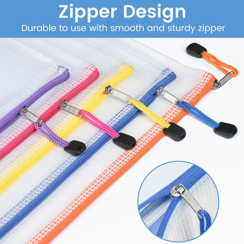 Close-up of colored zippers on 24 Pack Mesh Zipper Pouches With Label Pocket A6 Clear Pencil Cases showcasing smooth zipper design.