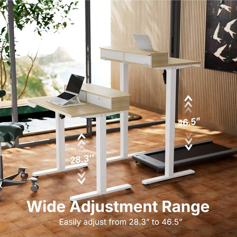 Compact Electric Standing Desk With Two Drawers 32x21 Inch Workstation C Clamp Mount, two height positions, light walnut finish