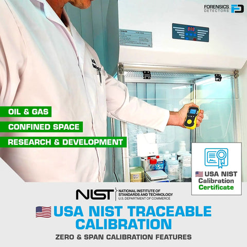Handheld Combustible Gas Detector 0 To 100 Percent LEL NIST Calibrated USB Rechargeable Factory Calibration Adjustable Audio Visual And Vibration Alarms Temperature Battery And Time Tracking For Pro Grade Field Pros, held in lab