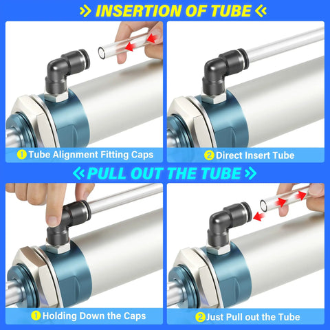 Clear PU Air Tube 1 Quarter Inch OD fitting demonstration with insertion and removal steps for fluid transfer systems.