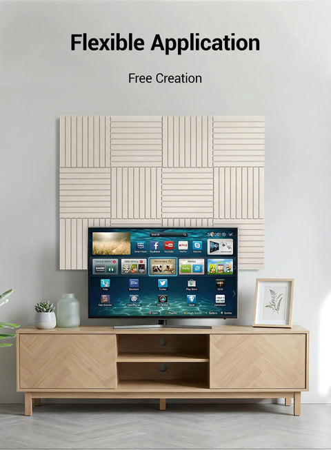 Living room setup with 12 Pack Self Adhesive Soundproof Wall Panels 12X12 Peel And Stick Acoustic Foam Tiles used behind TV.