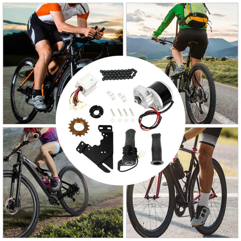 24V 250W Electric Bicycle Motor Kit With 16 Tooth Rear Sprocket For 16 To 28 Inch Tires Universal Diy E Bike Conversion Set shown with parts and cyclists.