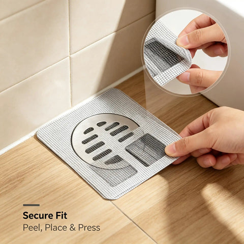 80Pcs 4x4 Disposable Hair Drain Stickers Anti Blocking applied over a drain with a hand demonstrating secure fit.